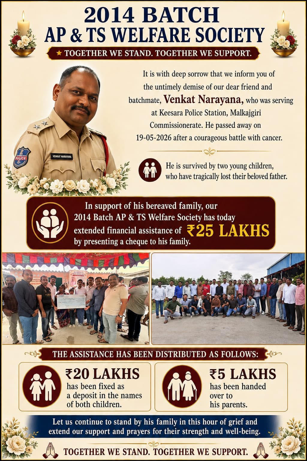 ఖాకీ "బలగం"...  - సమాజానికి ఆదర్శంగా.. 2014 బ్యాచ్ ఎస్ఐలు.  - రక్త బంధం కంటే  స్నేహ బంధం గొప్పదని చాటుతున్నారు..  - మృతి చెందిన ఎస్ఐ కుటుంబానికి రూ.25 లక్షలు అందించిన సహచరులు. - Additional Image
